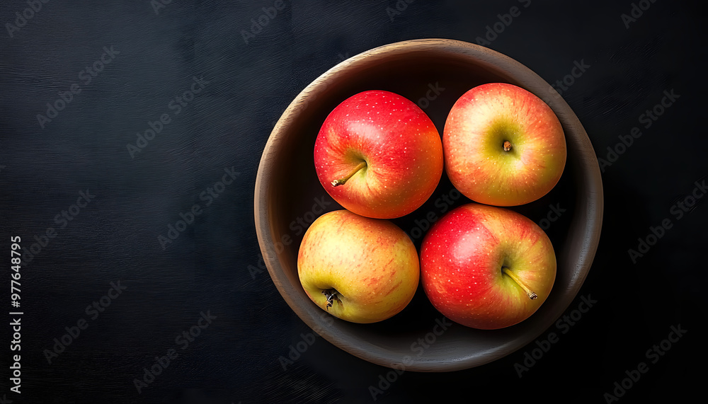 Apple in a bowl on a black background, top view, copy space Apple in a bowl on a black background, top view, copy space
