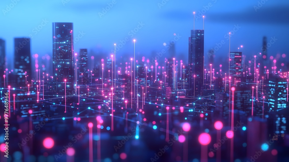 custom made wallpaper toronto digitalA futuristic city skyline illuminated by glowing pink and blue network connections, showcasing digital communication and technology systems.