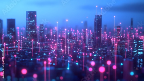 A futuristic city skyline illuminated by glowing pink and blue network connections, showcasing digital communication and technology systems.