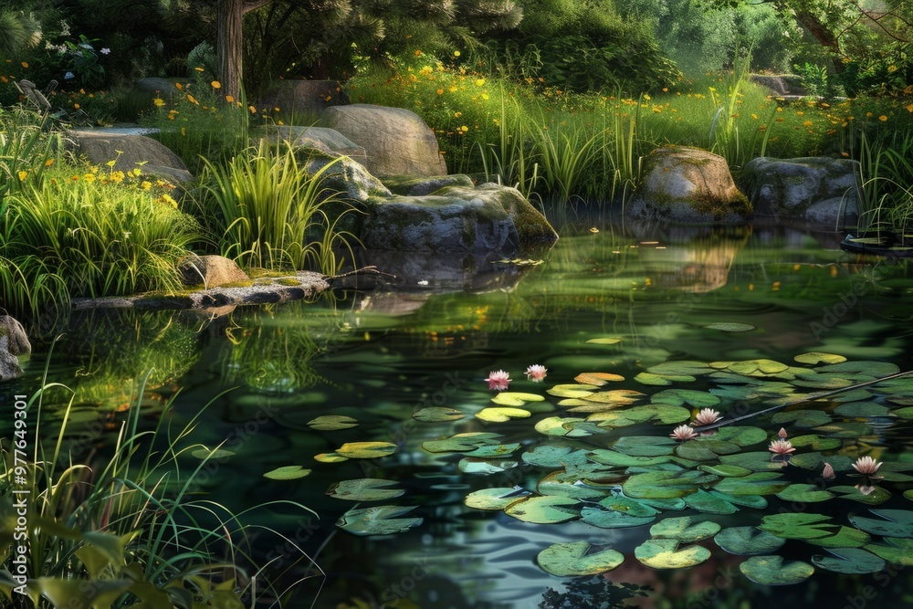A serene garden pond, its tranquil surface reflecting the surrounding greenery and the gentle sway of water lilies A serene garden pond, its tranquil surface reflecting the surrounding greenery and the gentle sway of water lilies