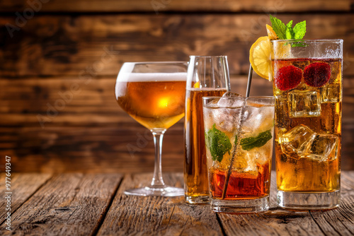 Selection of alcoholic drinks on rustic wood background.