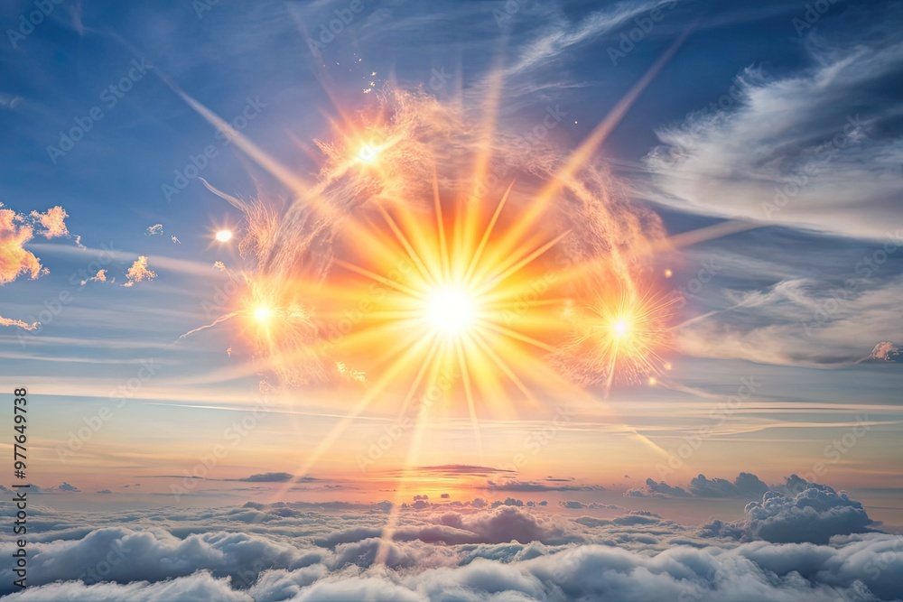 Radiant sunrise illuminating the snowy peaks of a majestic mountain range.