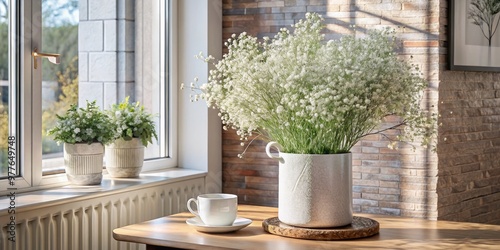 Bright white flowers in a pot on a sunny windowsill with a brick background.