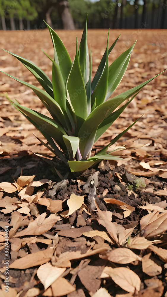 Obraz premium green plant outdoors surrounded by autumn leaves