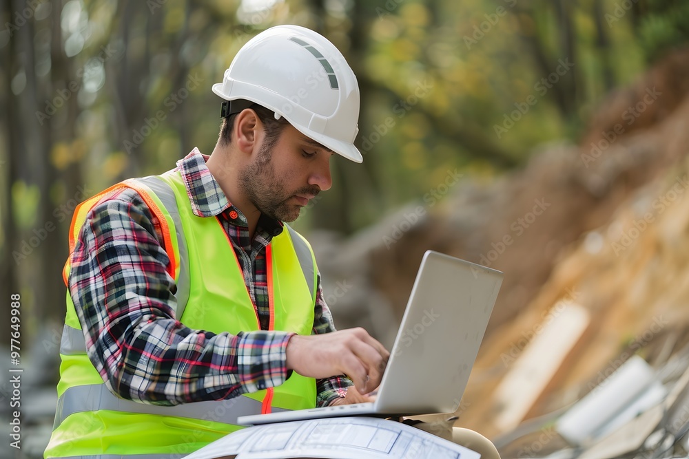 Construction worker writing blueprints while using laptop at renovating home Construction worker writing blueprints while using laptop at renovating home