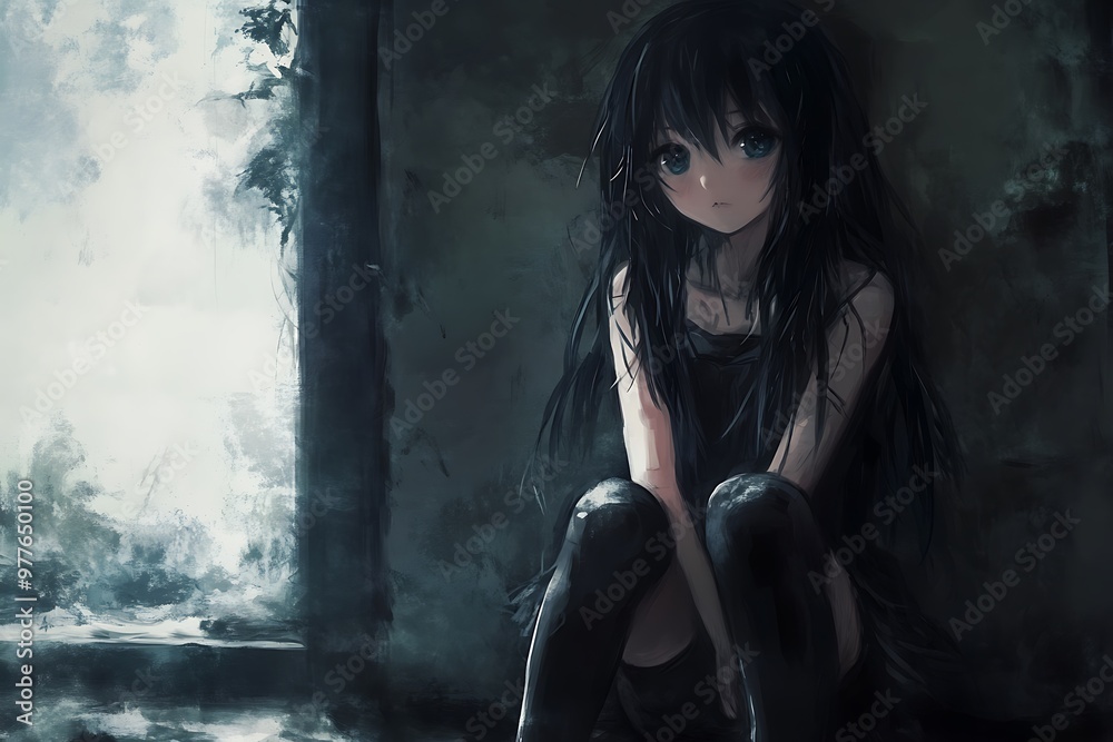 Anime girl with black hair sitting alone in a dark room, sad anime illustration Anime girl with black hair sitting alone in a dark room, sad anime illustration