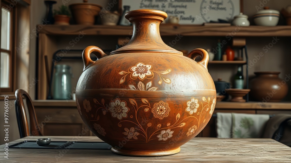 A heavy, ceramic cooking vessel with a large, rounded body and tall neck, sitting on a rustic wooden A heavy, ceramic cooking vessel with a large, rounded body and tall neck, sitting on a rustic wooden