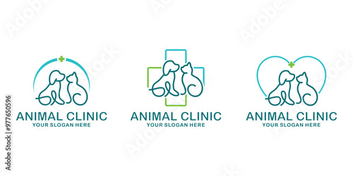 SET animal logo CAT AND DOG HEALTH CLINIC, line Vector Minimalist Style Creative Modern line Abstract Vector
