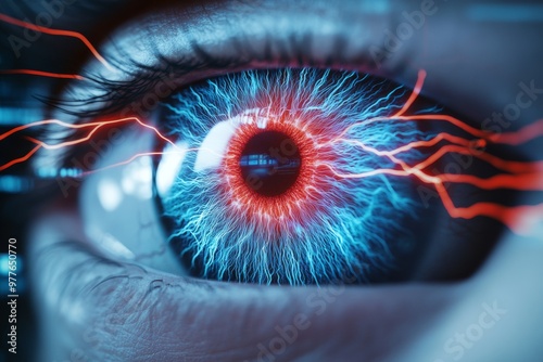 Futuristic glowing blue and red eye with vibrant neural pathways merging themes of technology biology and artificial intelligence in a visually dynamic and electrifying composition