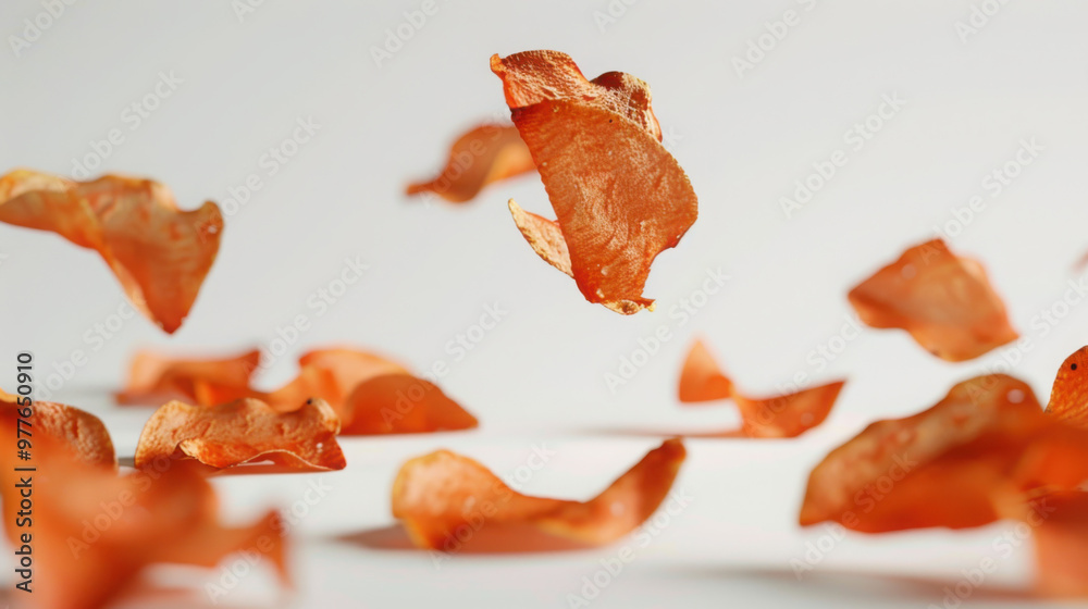 Peri Peri Fruit chips, crispy, falling on a plain white background. Hyperrealistic, cinematic and high quality Peri Peri Fruit chips, crispy, falling on a plain white background. Hyperrealistic, cinematic and high quality