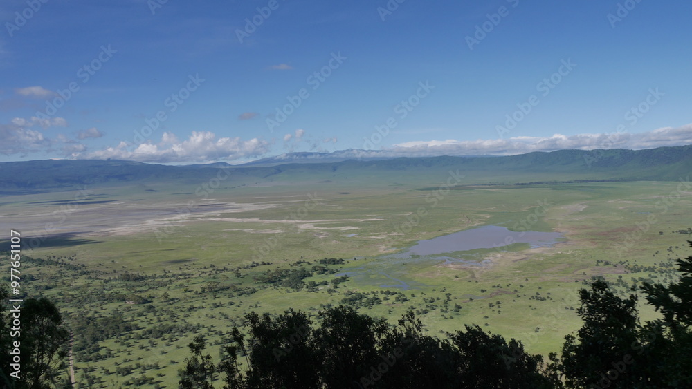 Fototapeta premium Magnifique paysage de Tanzanie, avec la savane qui s'étend à perte de vue. Et les montagnes en fond.