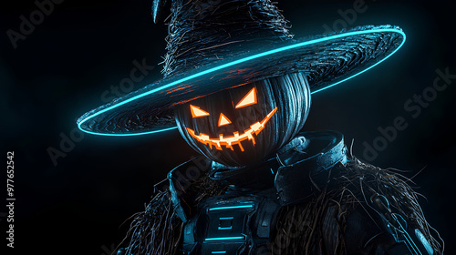 A Halloween themed image of a person wearing a hat with a pumpkin on it. The pumpkin has a smiley face and is glowing with orange light. The person is standing in front of a dark background photo