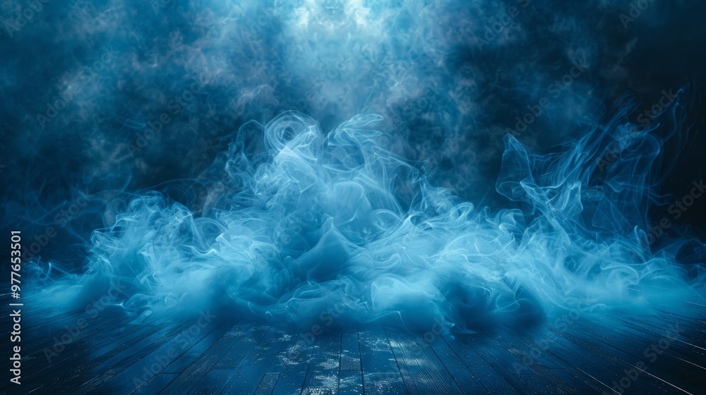 Abstract white smoke on a dark background, with blue water and a black wood floor. Abstract motion of a dancing figure. Vector illustration with a dynamic effect, like a photo or film. Abstract white smoke on a dark background, with blue water and a black wood floor. Abstract motion of a dancing figure. Vector illustration with a dynamic effect, like a photo or film.