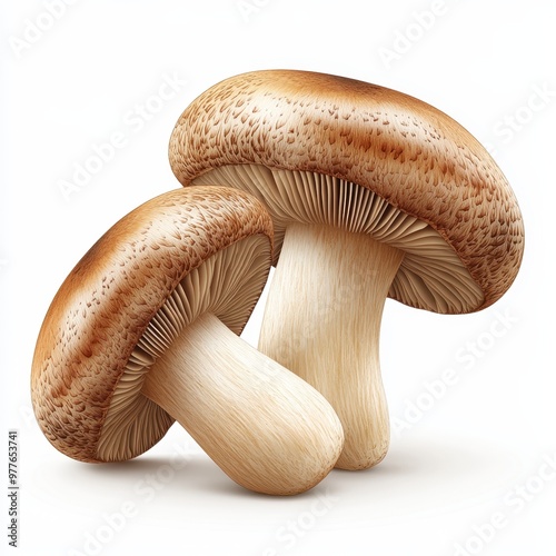 Fresh and elegant mushrooms with a rich brown cap, ideal for culinary and nature-themed projects, white background