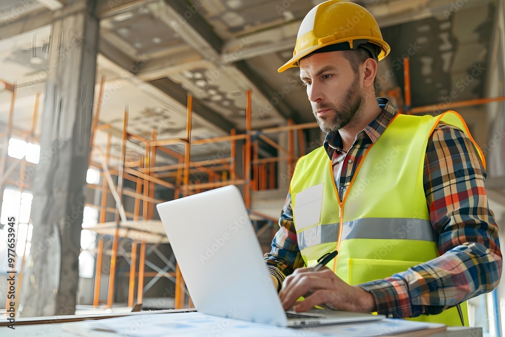 Civil engineer using touchpad during inspection at construction site. Civil engineer using touchpad during inspection at construction site.