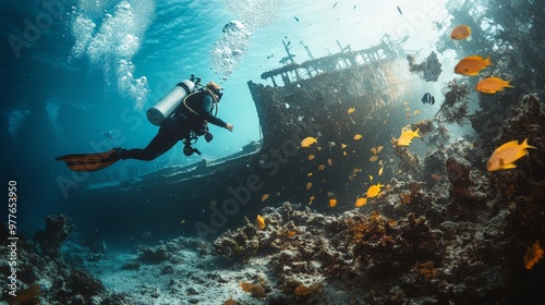 Portrait of child diver exploring a shipwreck on the ocean floor, with mysterious creatures swimming around. photo