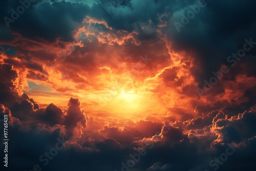 Dramatic sunset sky with clouds, fiery colors, sun breaking through, nature photography