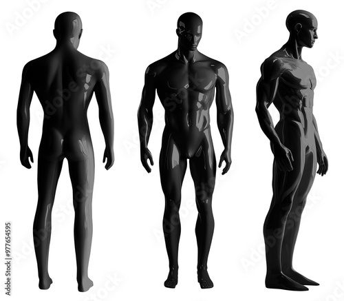 Set of black full body shiny glossy muscular male man mannequin dummy sculpture front back side view on transparent cutout, PNG file. Many different angle. Mockup template for artwork graphic design