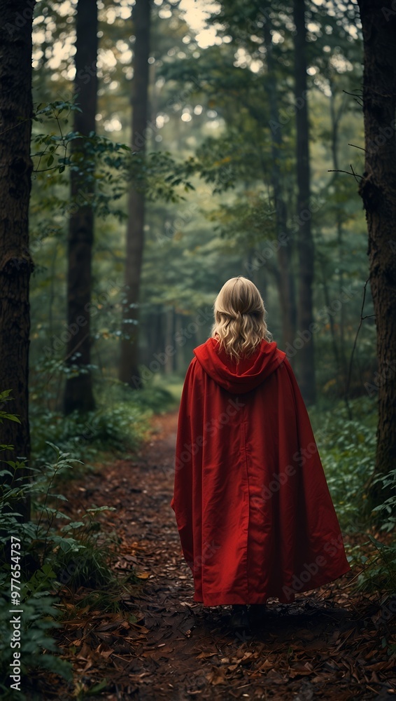 a woman with a red hooded walking in the forest a woman with a red hooded walking in the forest