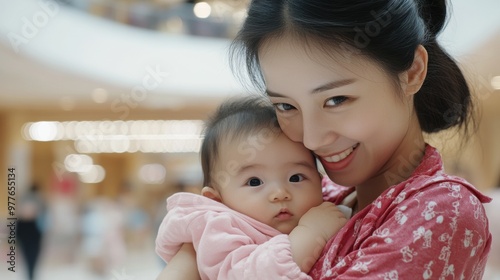 Mother joyfully embraces her baby in a bustling shopping mall setting