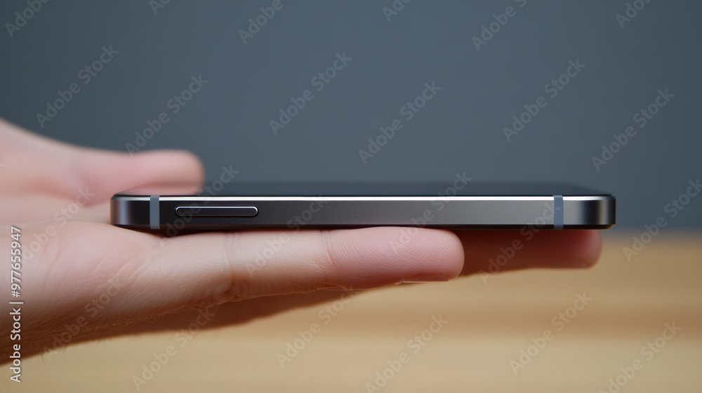 Hand holding a sleek smartphone with a minimalist design indoors Hand holding a sleek smartphone with a minimalist design indoors