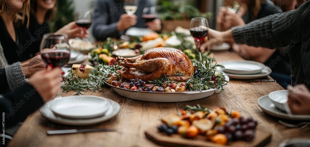 A closeup perspective of a roasted turkey surrounded by herbs on a rustic wooden table with blurred out guests in the background enjoying a celebratory meal A closeup perspective of a roasted turkey surrounded by herbs on a rustic wooden table with blurred out guests in the background enjoying a celebratory meal