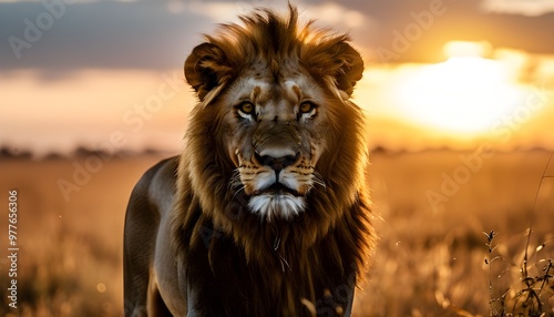 Majestic lion gazes directly at the camera in a sunlit field, showcasing the beauty of nature and wildlife.