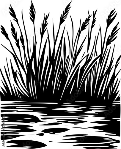 Stylized Vector Illustration of Tall Grasses by Water