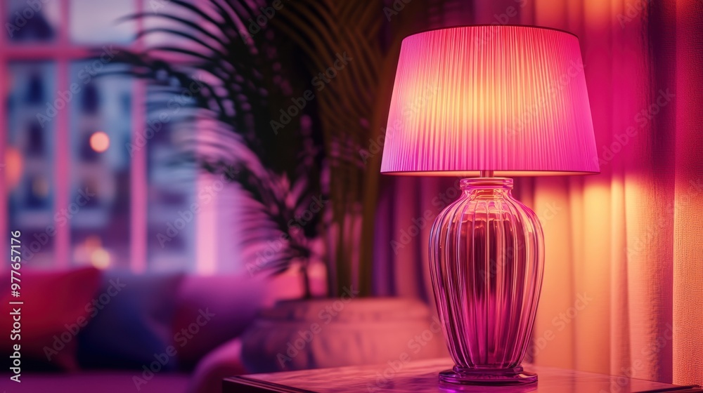 A stylish lamp with a pink shade, illuminating a cozy room setting, creating a warm and inviting atmosphere. A stylish lamp with a pink shade, illuminating a cozy room setting, creating a warm and inviting atmosphere.
