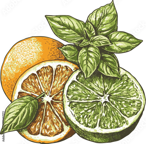 Vector Illustration of Citrus Fruits and Basil Leaves