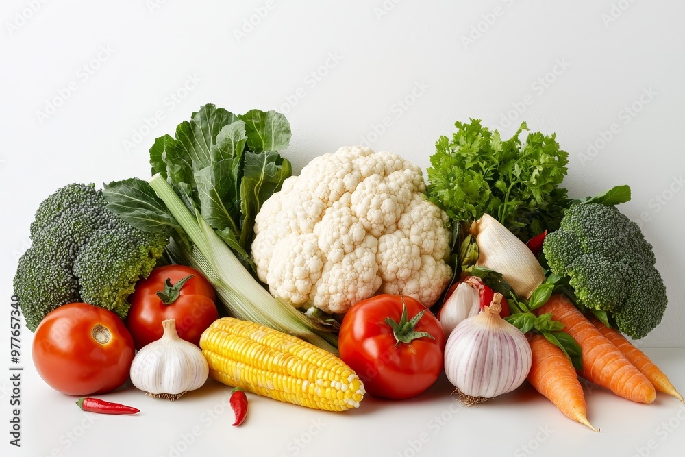 A Still Life of Fresh Vegetables A CloseUp Perspective of Colorful Produce Including Broccoli Cauliflower Tomatoes Carrots Garlic and Corn on a White Surface A Still Life of Fresh Vegetables A CloseUp Perspective of Colorful Produce Including Broccoli Cauliflower Tomatoes Carrots Garlic and Corn on a White Surface