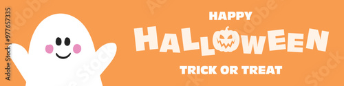 Happy Halloween. Cute banner with hand drawn ghost. Vector illustration