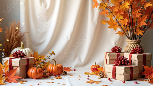 Autumn colors - Photo studio set with presents decorated with autumn elements depicting seasonal gifts and shopping time. Left copy space