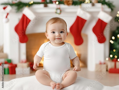 Baby bodysuit with a Christmas fireplace background, featuring stockings, garlands, and a soft holiday glow, baby bodysuit mockup, cozy festive photo