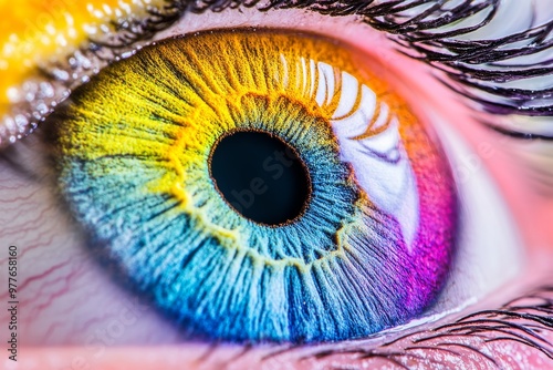 Surreal close up of a vibrant multicolored eye with glowing patterns and high resolution textures blending fantasy abstract and cosmic elements in a visually dynamic composition