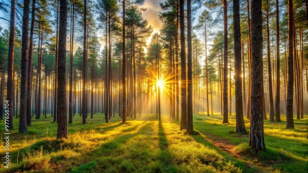 Fototapeta premium Sunrise in a serene pine forest with the soft glow of morning light filtering through the trees
