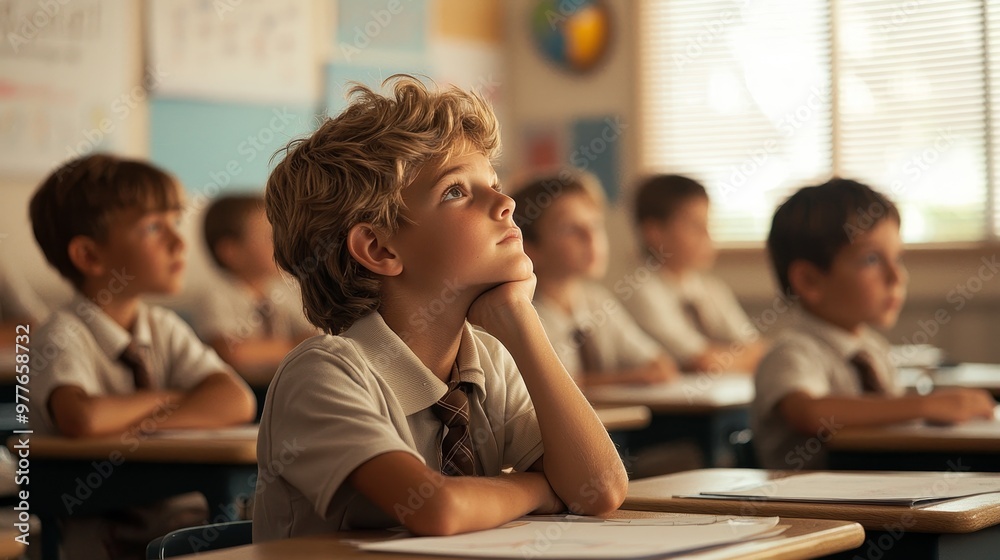 Fototapeta premium Young Boy in Classroom Eyes Up Blurry Background Hopeful Expression