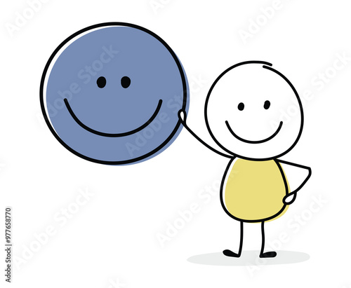 Smiley cartoon caricature with emoticon icon. Business concept. Vector