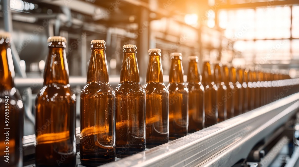 Bottling Line Sunlit Brown Bottles on a Conveyor Belt Industrial Perspective Bottling Line Sunlit Brown Bottles on a Conveyor Belt Industrial Perspective