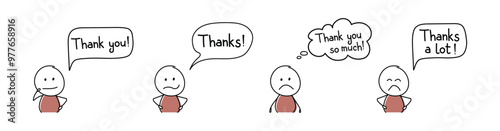Happy stickman with speech bubble - thank you, thanks. Vector