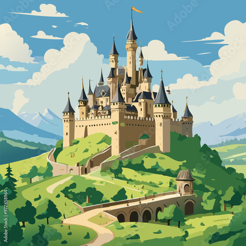 Medieval castle perched on a hill vector art illustration design