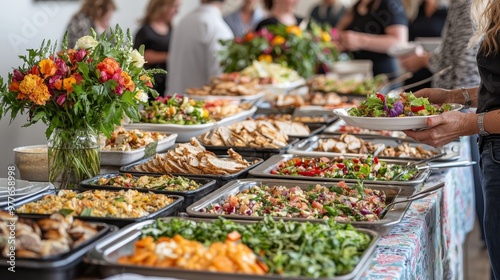 Buffet Feast A Hand Reaches for Salad Food Spreads Wide with Colorful Blooms in Foreground