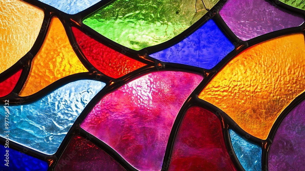 Fototapeta premium A vibrant, colorful stained glass window background, featuring a large, clear space perfect for adding text or creative elements.