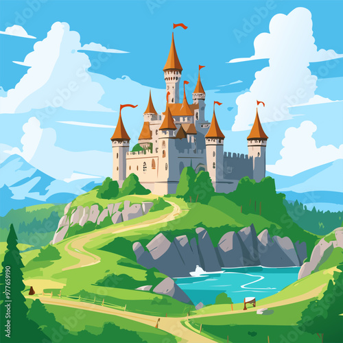 Medieval castle perched on a hill vector art illustration design