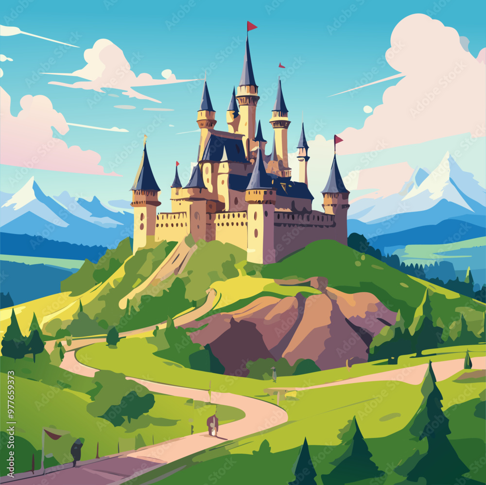 Medieval castle perched on a hill vector art illustration design Medieval castle perched on a hill vector art illustration design