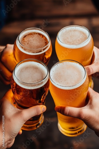 Cheers Overhead View of Four Beer Glasses Held High Capturing the Joy of Shared Drinks