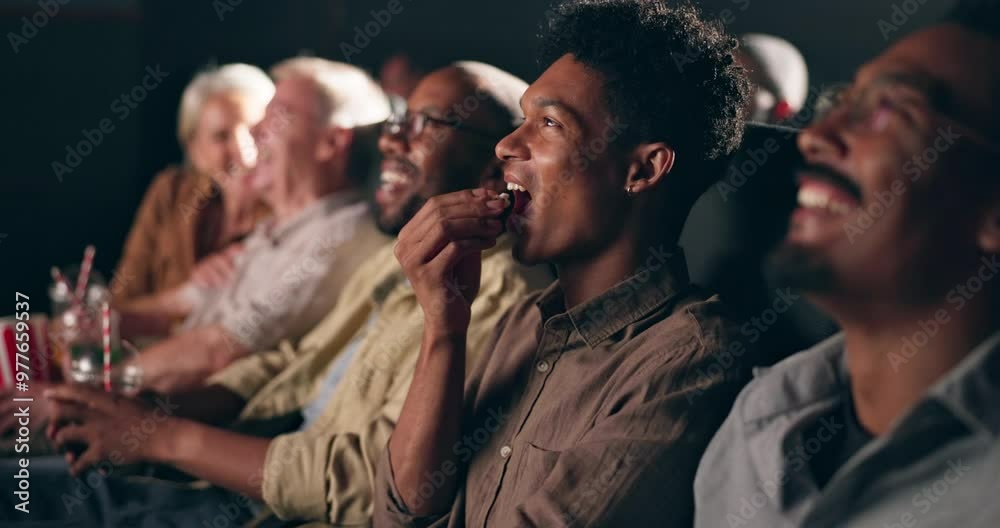 Diversity, audience and cinema with laugh for comedy in movie for fun, enjoy and joke for entertainment. People, crowd and theatre for premier or watch show with drama, action and happy with story