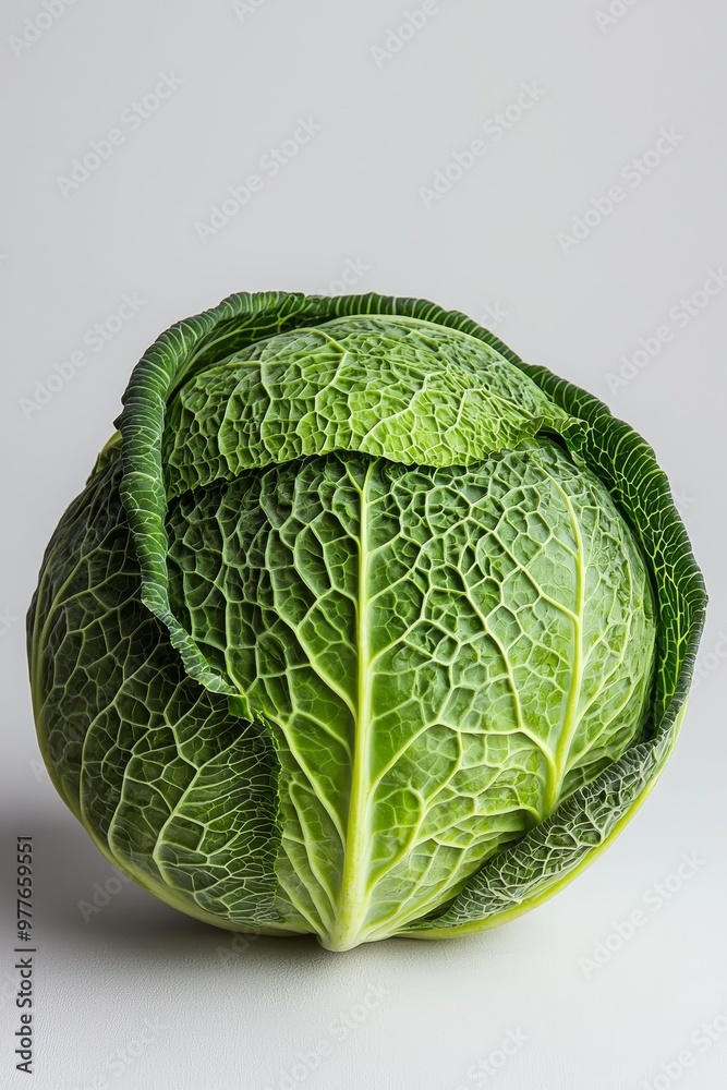 Fototapeta premium Green Cabbage with Veined Texture Isolated on White Background Minimalist Composition Simple Food Photography