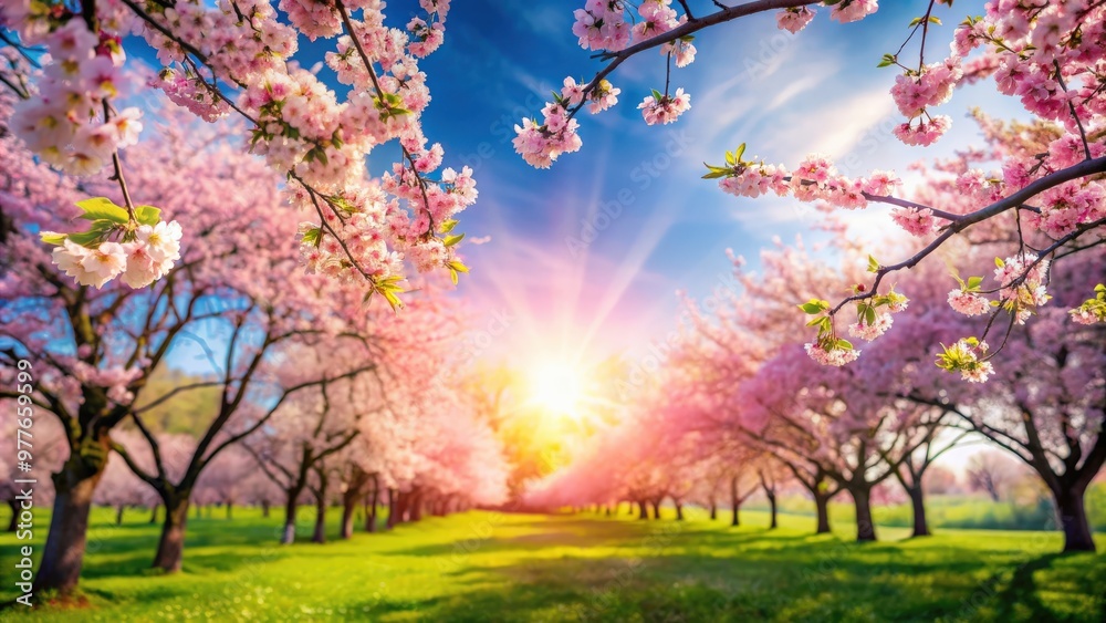 Beautiful spring background with blurred blooming trees, blue sky, and sunny day Beautiful spring background with blurred blooming trees, blue sky, and sunny day
