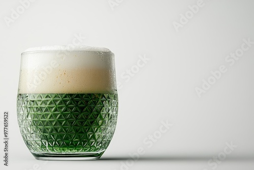 Green Beer in a CutGlass Mug Minimalist White Background Isolated Festive Foamy Head photo